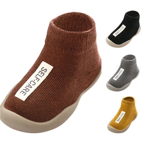 GobdXE Text Label Knit Sock Shoes Hard Rubber Sole Anti Low Cut Baby Walking Socks for Boys Girls Brown,4-5 Years