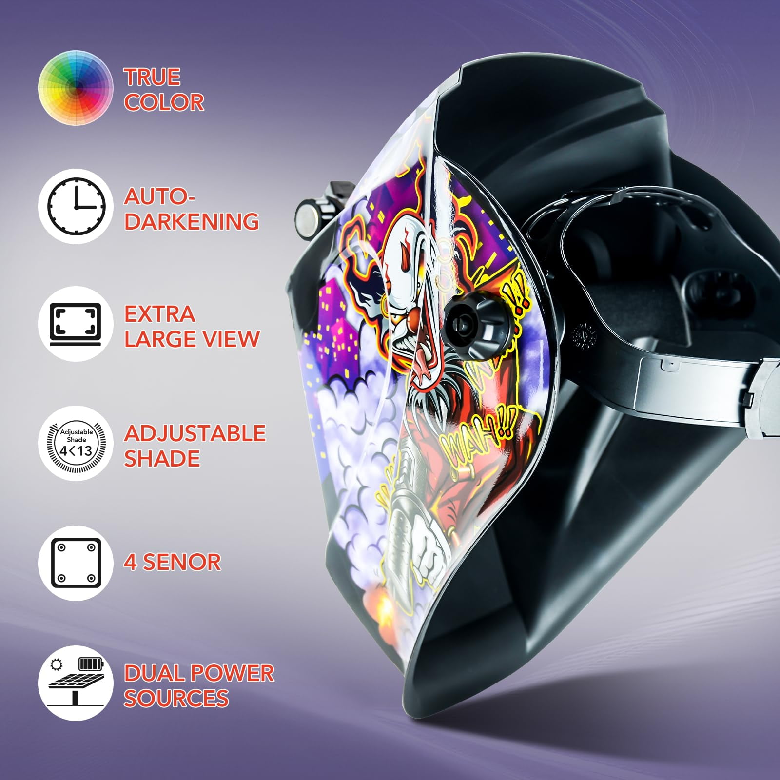 Welding Helmet Auto Darkening with LED Light Large View Solar Powered True Color Welding Hood 4 Arc Sensor Wide Shade 4/5-9/9-13 Welding Mask for TIG MIG Arc Weld Grinding
