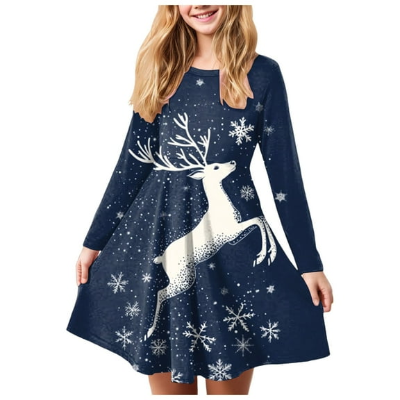 Gubotare Christmas Dress Toddler Short Sleeve Girls Dresses Long Sleeve Crew Neck Casual Fall Dress Size 17-18 (Dark Blue,17-18 Years)
