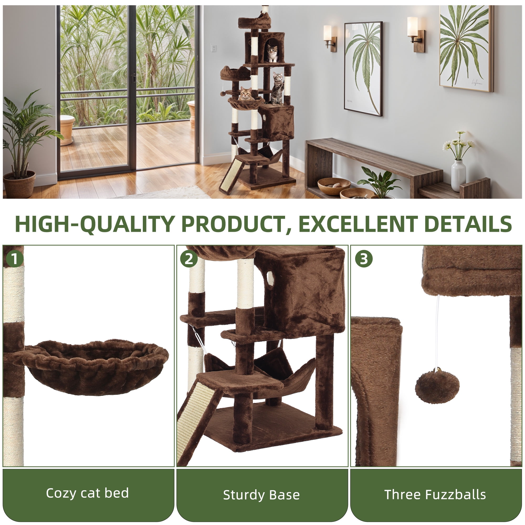 Uforic 75" Cat Tree Multi-Level Tower with Condos, Hammocks & Scratching Posts, Brown