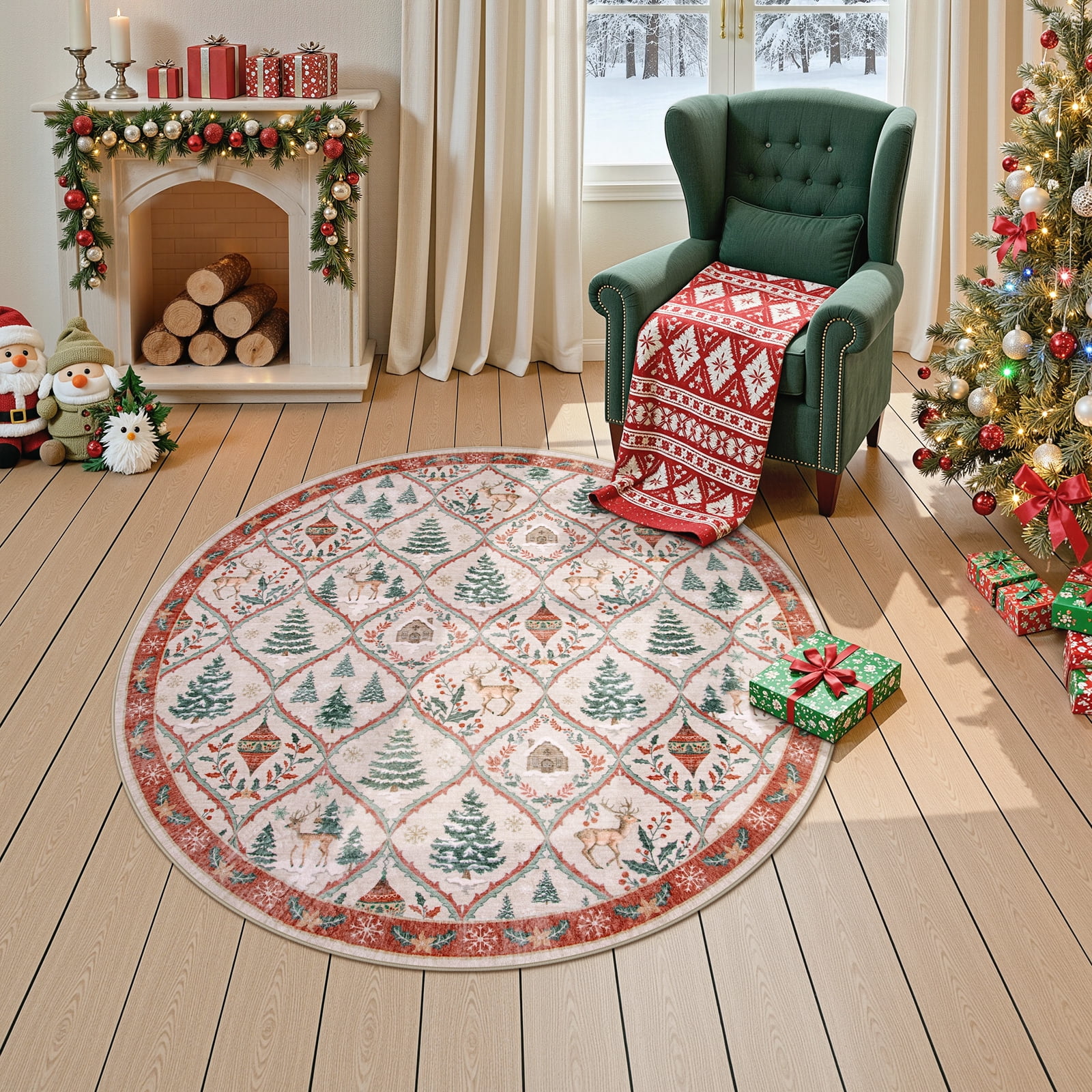 Moynesa 4' Christmas Round Area Rug for Living Room, Beige Rug Xmas Tree Modern Rug Washable Rug Non Slip Moroccan Circle Carpet Holiday Decor Geometric Soft Accent Rug for Bedroom Dining Room