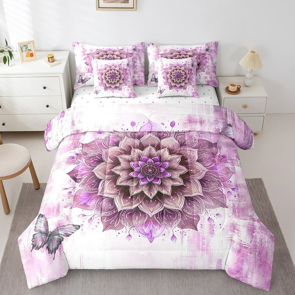 Girls Flower Bed in a Bag 7-Piece Mandala Floral Bedding Set for Women,Orchid Gradient Twin Size Comforter Set Vintage Ombre Bedding Comforter Sets,Oil Painting Aesthetic Bed Set Room Decorative