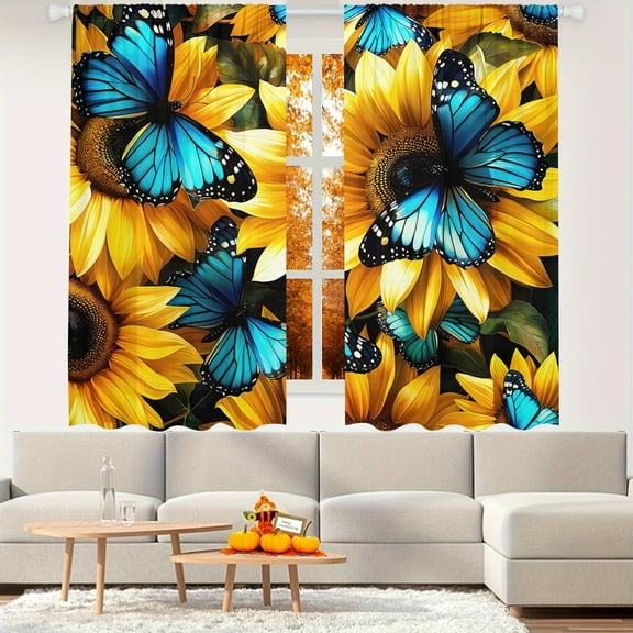 WNOOHIY Rustic Sunflower Butterfly Light-filtering Curtains for Bedroom Living Room,Window Treatment, Home Decor,Set of 2 Panels