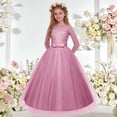 thumbnail image 2 of Miluxas Girls Long Lace Bridesmaid Dress 3/4 Sleeves Floor Length Wedding Party Evening formal Maxi Tulle Ball Gowns Pink 3-4 Years, 2 of 6