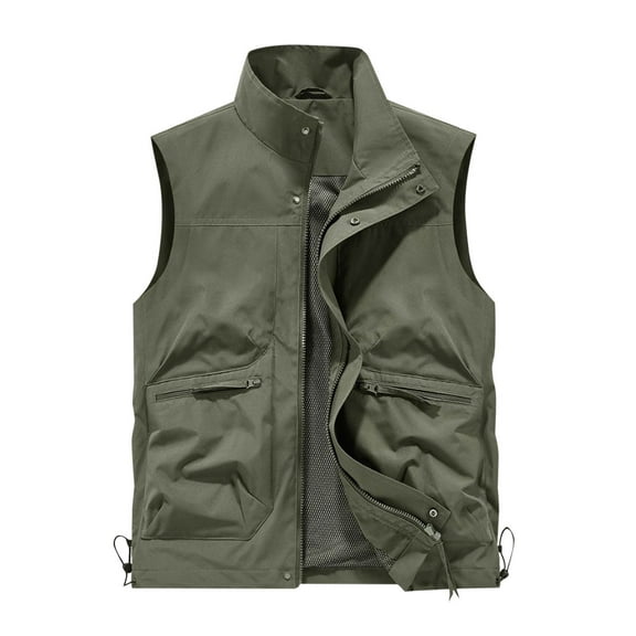 Mens Lightweight Vest Zip Up Solid Color Vest Multi-bag Mountaineering Tooling Utility Vest
