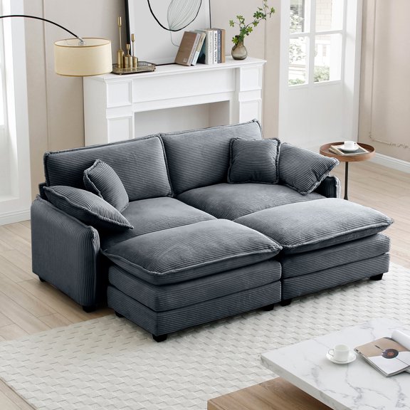 CoSoTower Two-Seater Theater Sofa with 2 Footrest, 2-Seater Sofa with Ottoman for Small Living Spaces,Grey Corduroy