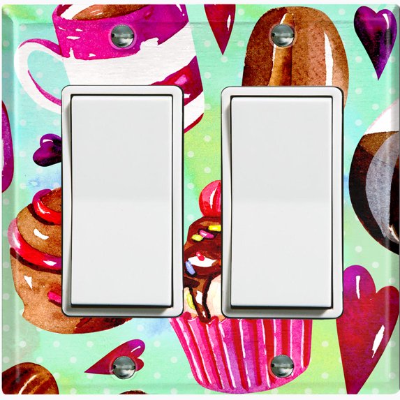 Metal Light Switch Wall Plate Outlet Cover (Coffee Mocha Candy Bean Toffee Swirl Cupcake Teal Green Polka Dots Heart - Double Rocker)