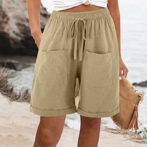 Gifts Usmixi Womens Cotton Linen Shorts Casual Solid Drawstring Elastic Waist Short Pants Summer Ladies Loose Straight Leg Shorts with Pocket Khaki s