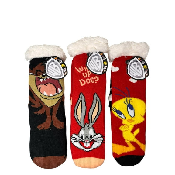 Warner Brothers Loony Tunes Sherpa Lined Gripper Bottom Socks 3pk Tweety Bugs Bunny Taz