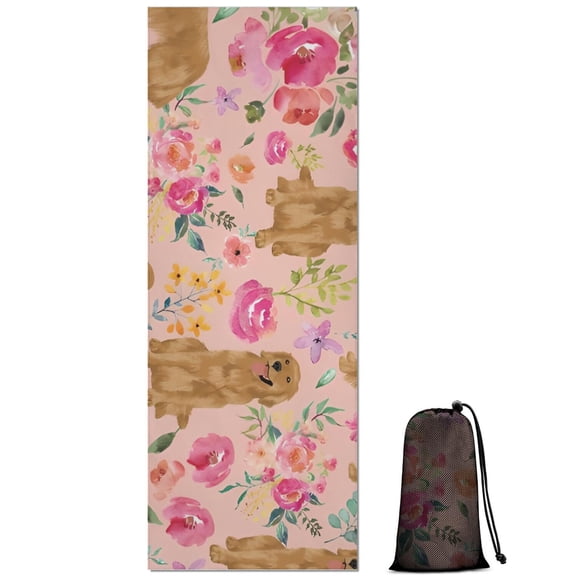 Golden Retriever with Flowers Hot Yoga Mat Towel Non Slip for Hot Yoga - Quick-Drying Yoga Mat Cover with 4 Corner Pockets with Travel Bag - Hot Yoga Towel Non Slip 70"x26"