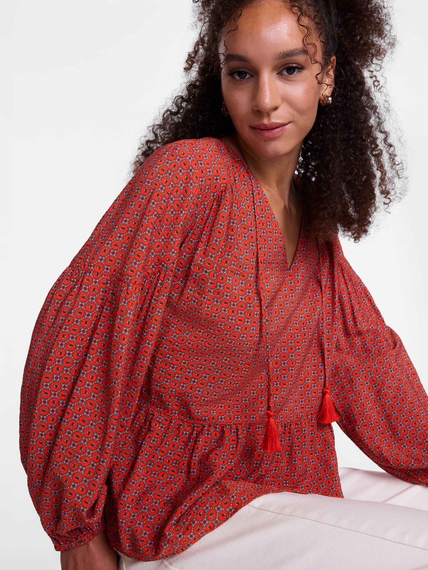 Scenario Women's and Women's Plus Gathered Yoke Blouse with Long Sleeves, Sizes XS-4X
