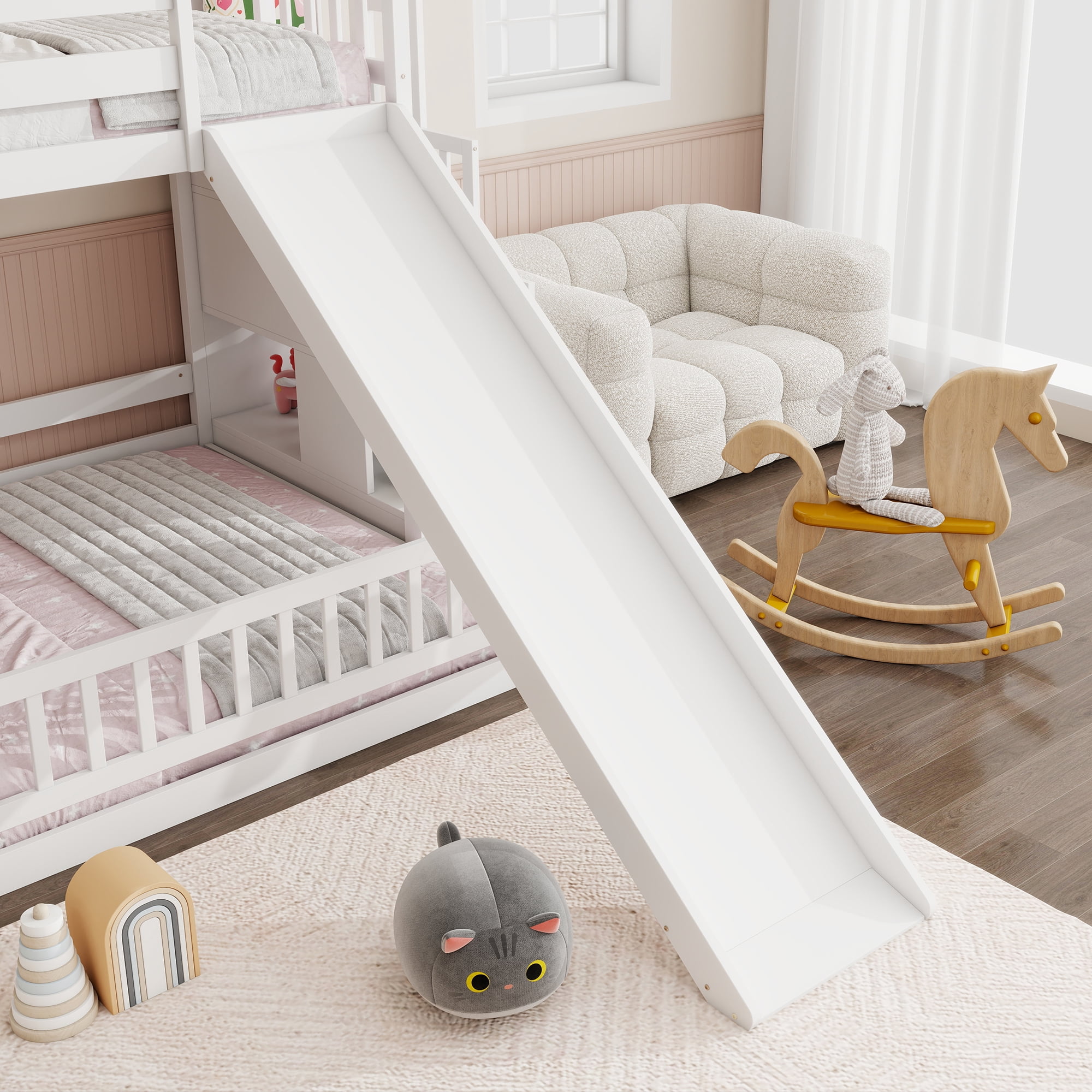 Mintazer Twin Over Full Bunk Bed with Slide & Storage Staircase, Kids Floor Bunk Bed with Guardrails, White
