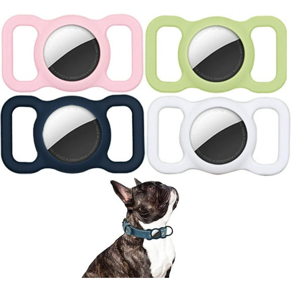 [4 Pack] Protective Case for Airtag Dog Collar Cat Puppy Small Animals Stable Anti-Lost Pet Collar ID Tags Compatible with Air Tag 2021 [Not Keychain], White, Navy Blue, Pink, Light Green