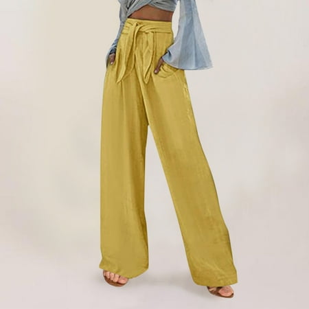 

HOMBOM Womens Scrubs Pants Summer Fashion Loose Wide Leg Pants Cotton Linen Trousers Straight Pants Pants Yellow XXL(12)