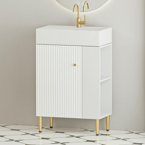 Topcobe 21.6" Open-Shelving Bathroom Vanity with Ceramic Sink and Soft-Closing Door, Cloakroom Open Shelf Storage Cabinet, Bathroom Sink Vanity, Modern Furniture for Bathroom, White