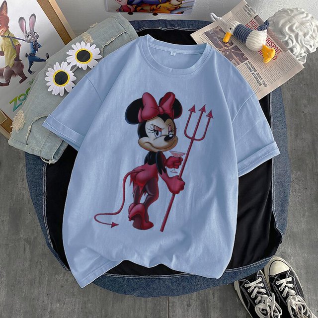 Mickey Mouse Disney Short Sleeve T-Shirts Devil Minnie Mouse Funny Women's T-Shirt Fashion Streetwear Edgy Female Clothing 2022M Gao Jinjia LED