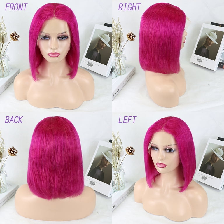 13x4 Lace Front Human Hair Colored Bob Wig Rose Pink  display picture 3