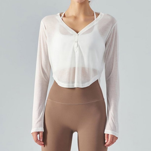 Traje de yoga fino con cuello en V, camiseta exterior corta de manga larga, blusa deportiva holgada para exteriores, blusa deportiva transpirable de verano para mujer