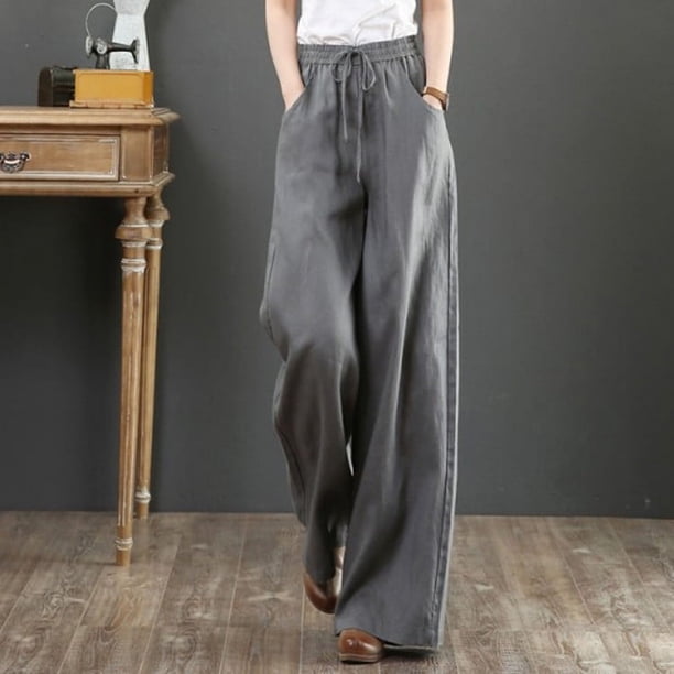 Pantalones de mujer de algodón y lino artísticos de primavera y verano Pantalones holgados de pierna ancha de talla grande Pantalones de cintura alta Pantalones rectos Pantalones de lino