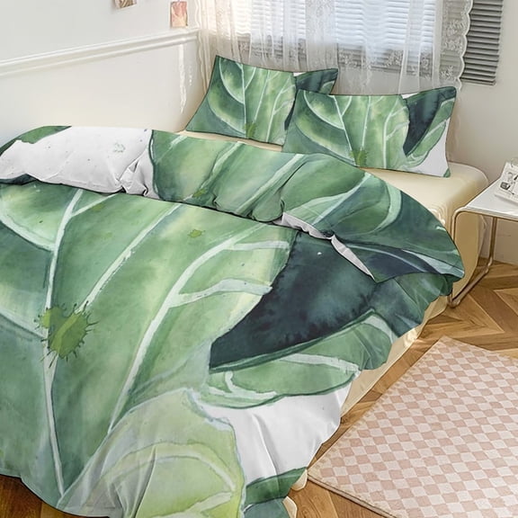 3 Pcs Soft Bedding Set, Includes 1 Duvet Cover with Zipper And 2 Pillow Shams,Tropical Green Leaves Plant Twin(86"x70")