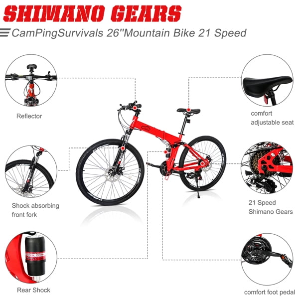 Ambifirner 26 Inch Folding Mountain Bike: Men Mountain Bike 21 Speed,High Carbon Steel ,Disc Brake Folding Bikes for Adults/Men/Women Red