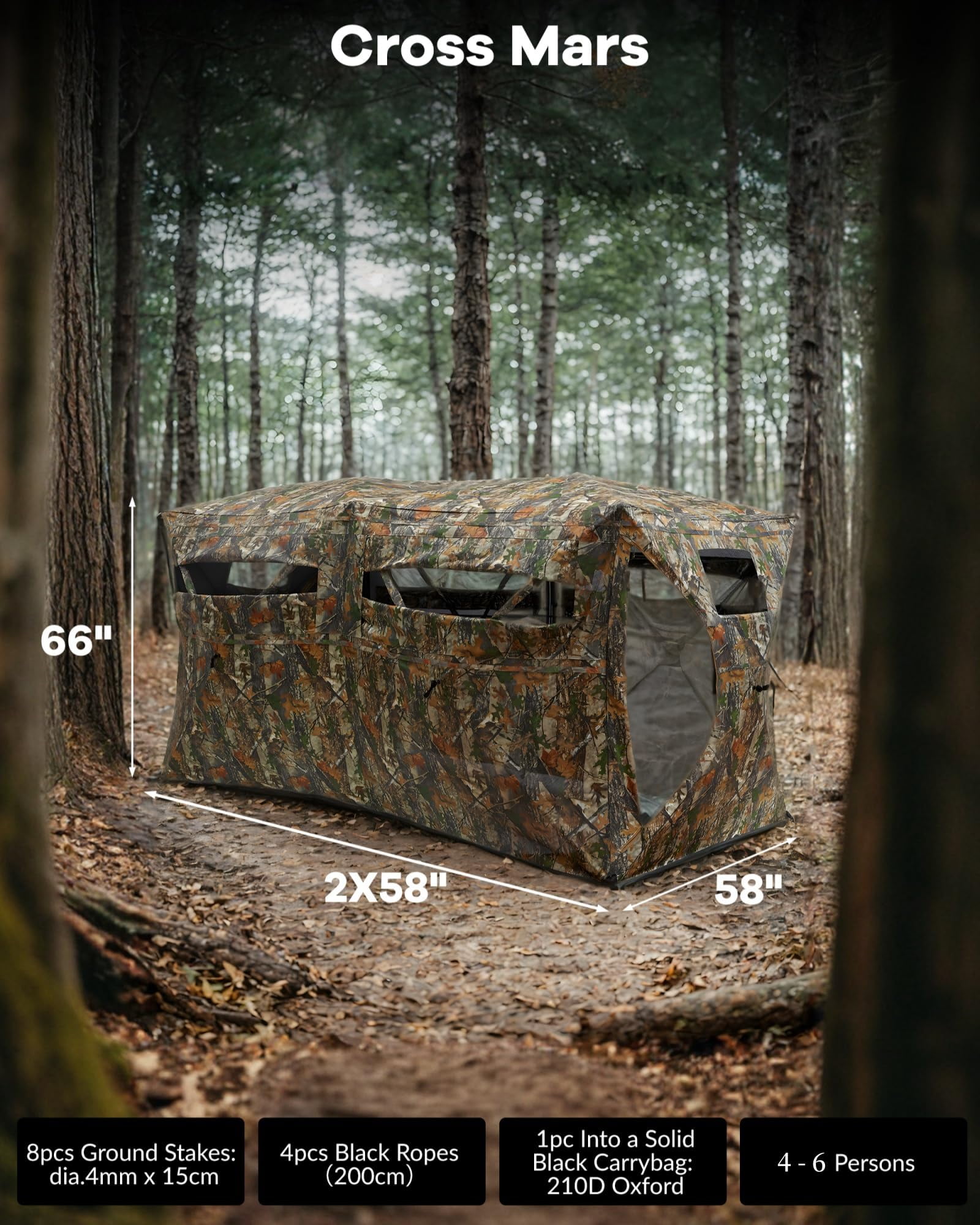 Towallmark Hunting Blind, Pop Up Ground Blinds for 4-6 People, 116" 58" 66" H with 270° See Through Windows and Silent Magnetic Door, Lightweight for Outdoor Hunting