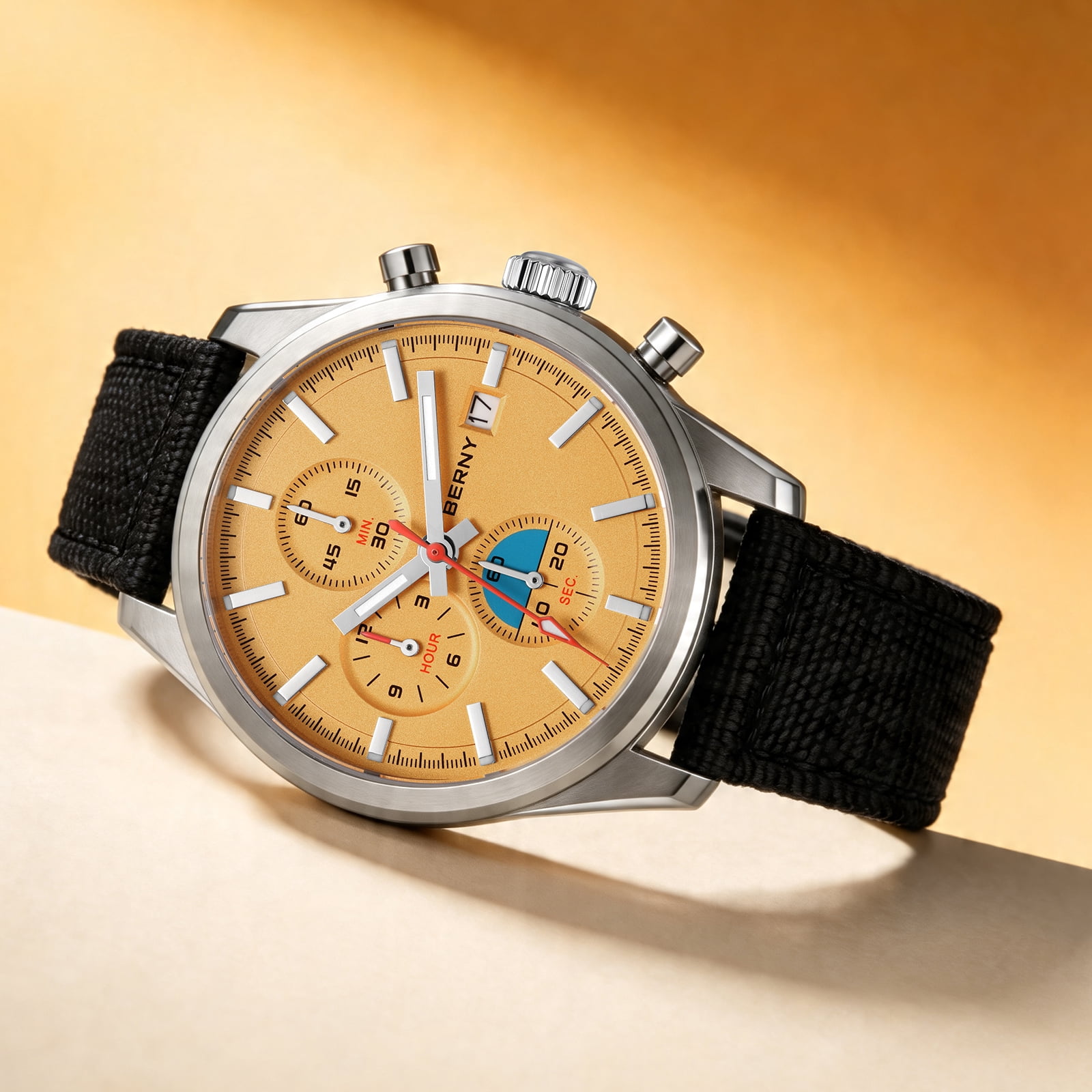 BERNY Mens Watches Analog Quartz Chronograph Watch with Date Canvas Strap Luminous Sapphire Crystal Luxury Fashion Business Casual 50M Waterproof Wrist Watches for Men (Orange)