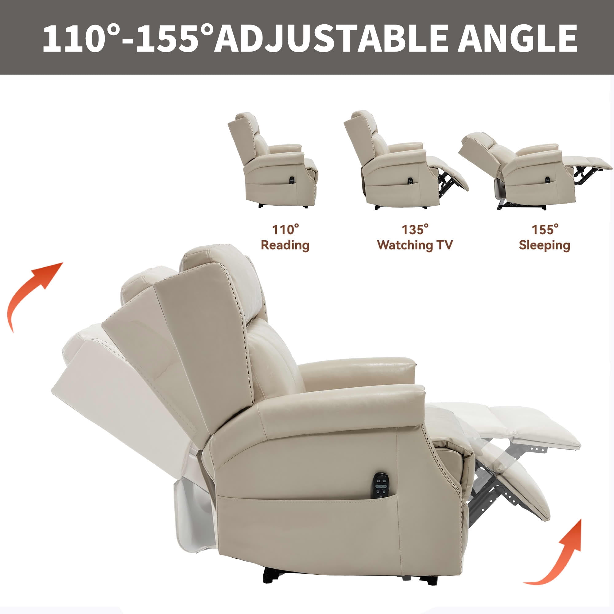 MAYEERTY Beige Faux Leather Manual Recliner Chair, 8 Nodes Massage Heat 155° 35"x38"x40" for Living Room