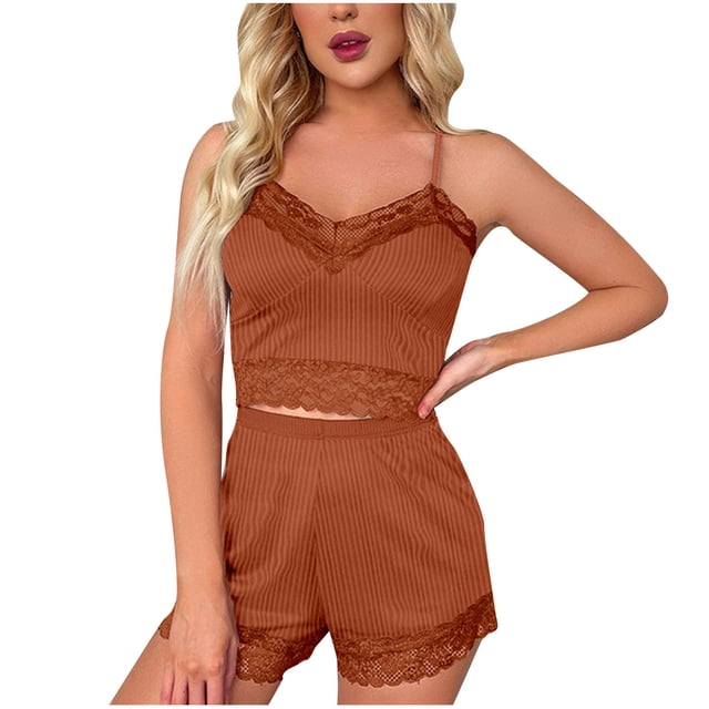 Peignoirs pour Femmes à Fermeture Éclair devant Ensemble de Pyjama 2 Pcs pour Femmes Camisole en Dentelle Florale Côtelée et Shorts Taille Haute Mignon Vêtement de Nuit Doux Tenue de Détente Ensembles S-58 Rouge-A S