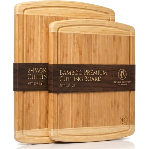 2-Pack Large Bamboo Cutting Boards with Juice Groove and Bottom Carry Handles, Reversible Wood Boards for Kitchen Prep & Serving