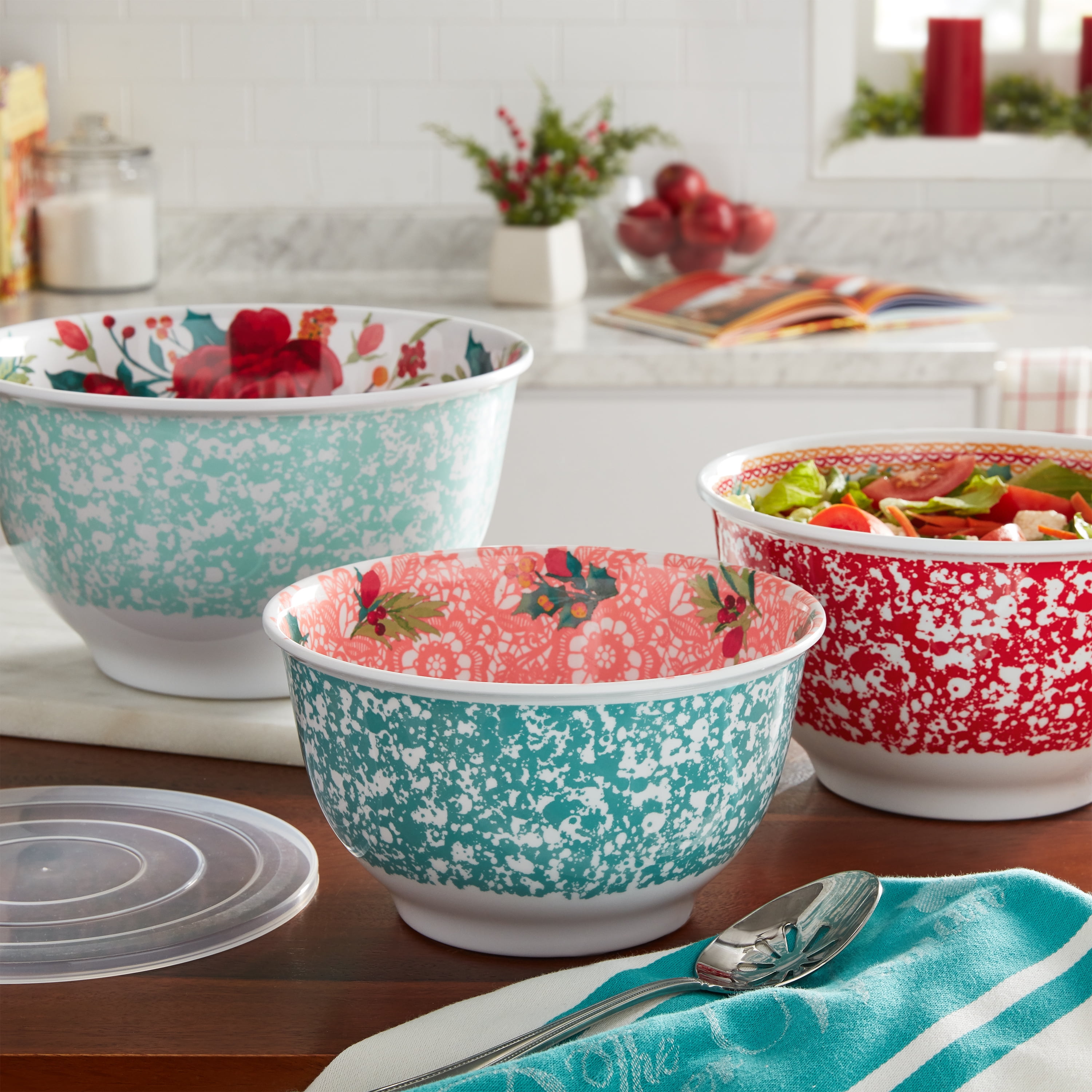 The Pioneer Woman Melamine Serving Bowl Set With Lids Holiday Cheerful Rose  NEW