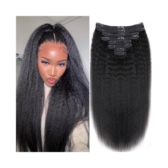 Kinky Straight Clip in Hair Extensions Real Human Hair for Women Double Weft Full Head Brazilian Remy Hair Yaki Straight Clip ins Natural Black Color