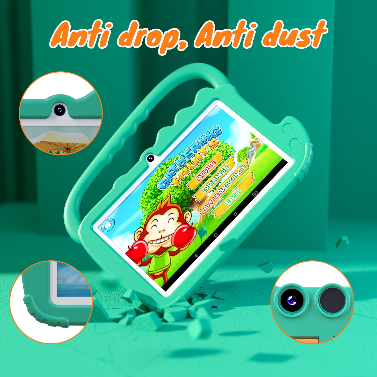 Kids Tablet 7 inch Android 12 Tablet for Kids, 4GB RAM 32GB ROM Quad Core Toddler Tablet with Shockproof Case, Parental Control, WiFi, BT, 3000mAh Battery, Dual Camera, Educational, Games, Green