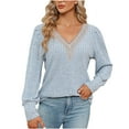 thumbnail image 2 of Tawop T Shirts for Women Womens Tee Shirts Long Sleeve Loose V Neck Lace Blue M(Us:6), 2 of 9