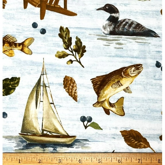 1 Yard - Ducks Fish Canoes Fishing Camping Boating on a Blue Lake Cotton Fabric (Great for Quilting, Sewing, Craft Projects, Throw Pillows & More) 1 Yard X 44" Wide