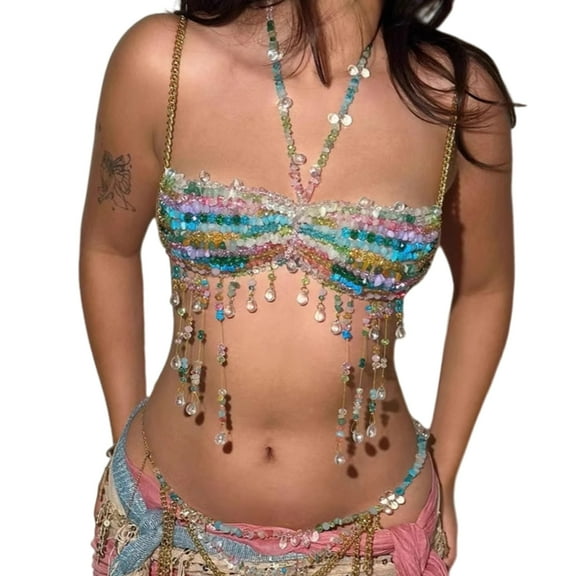 Beaded Body Chain Bra Bikinis Chain Chest Chain Fashion Body Chain Jewelry Accessories Adjustable for Raves Party Beach