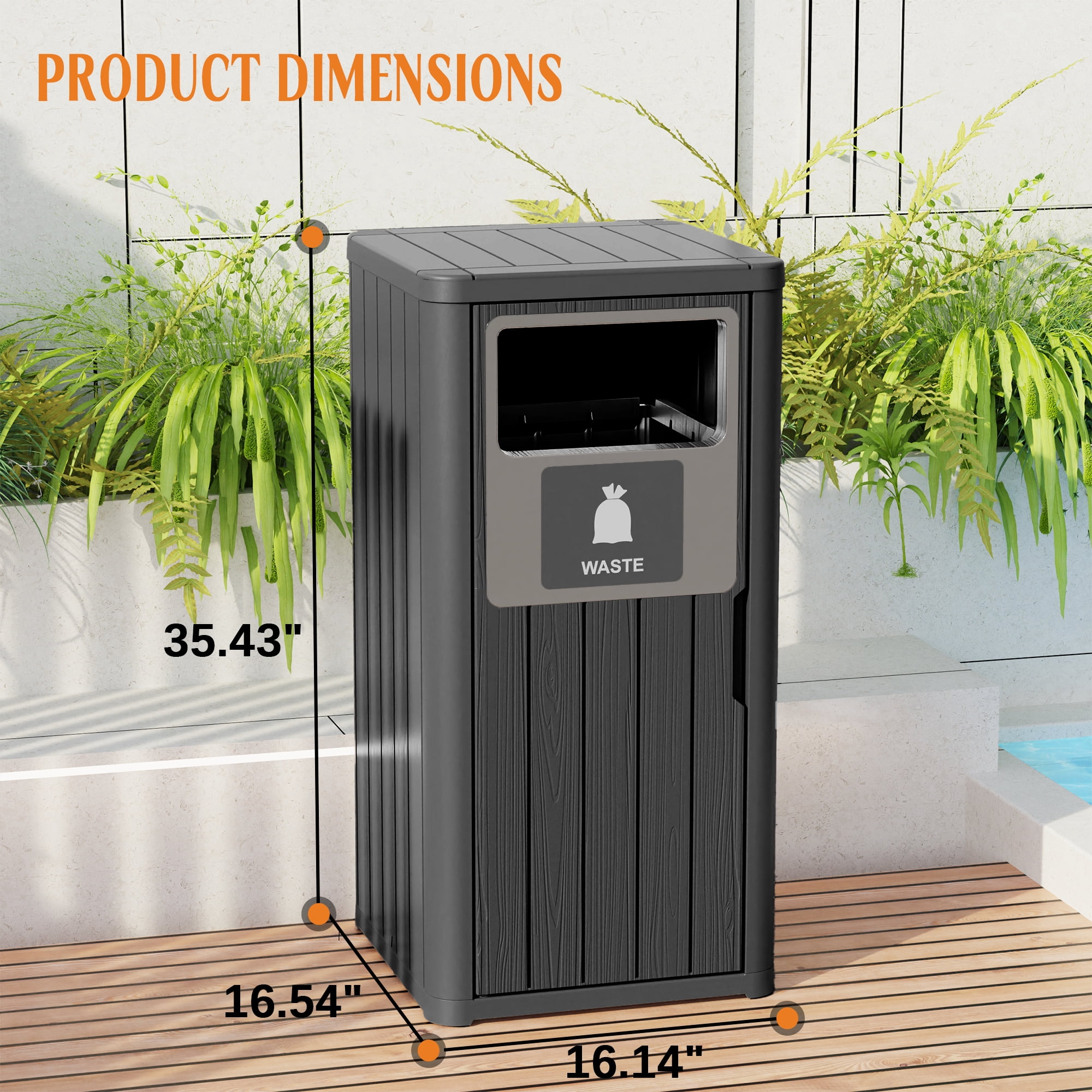 Outdoor Single Barrel Trash Can,Waterproof Resin Garbage Can with Garbage Labels,Durable Waste Bin for Porch, Backyard,Kitchen,for 30 to 39 Gallon Trash Bags（Black，1)