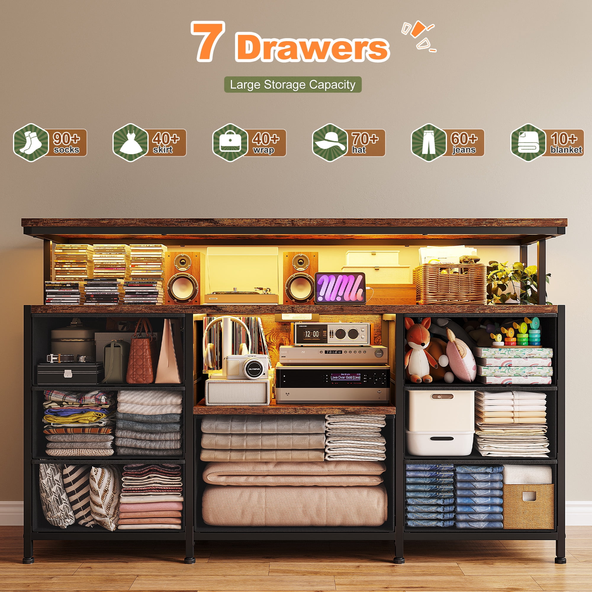 Dresser TV Stand for Bedroom with LED Lights & Power Outlets for 55" TV Wide Dresser for Bedroom with 7 Drawers & Open Shelves for Living Room, Sturdy Frame, Rustic Brown