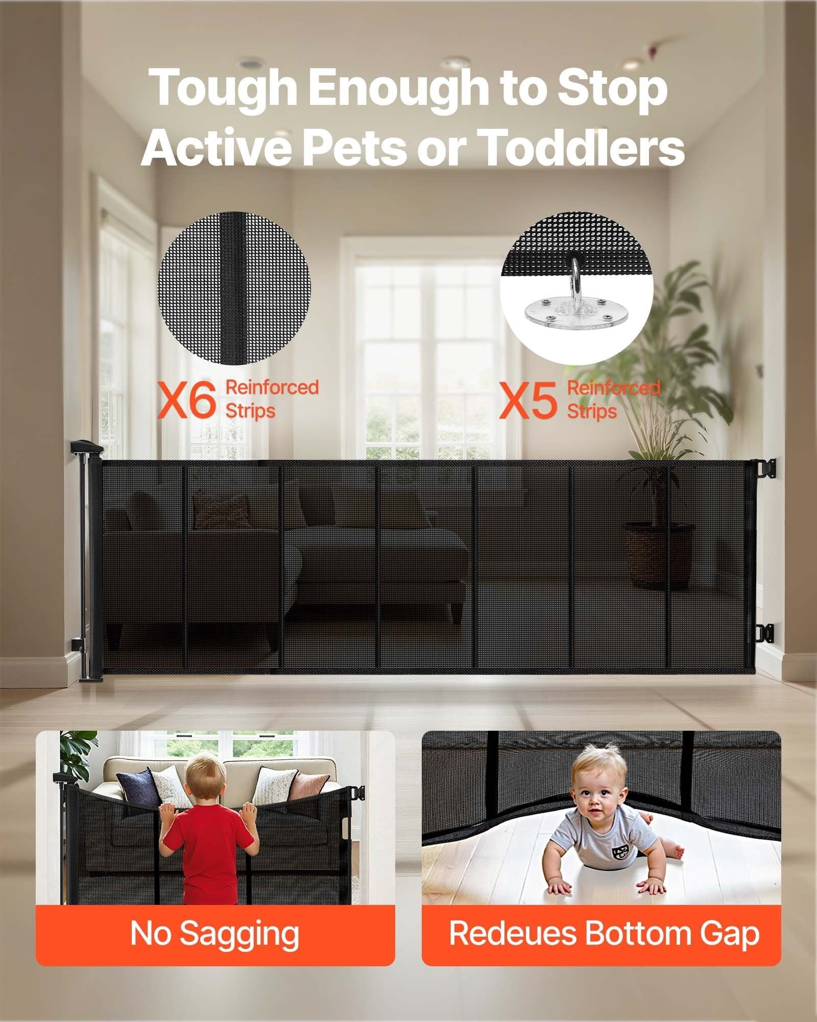 Retractable Baby Gate, Extends to 120 inch Extra Wide, 38.5 inch Tall, with Reinforced Fiberglass Strips, Avoids Crawling Through, Mesh Dog Gate for Decks, Doorways, Garages, Indoor, Black