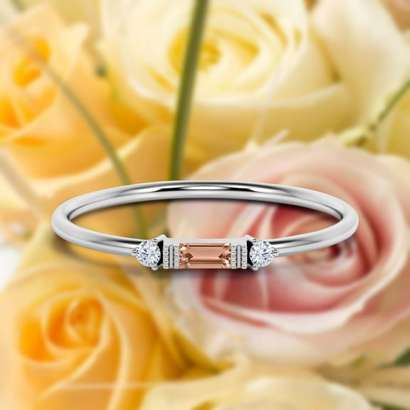 Dainty Minimalist 0.75 Carat Baguette Cut Morganite And Diamond Moissanite Engagement Ring, Antique Wedding Ring in 925 Sterling Silver With 18k White Gold Plating, Gift For Her, Promise Ring