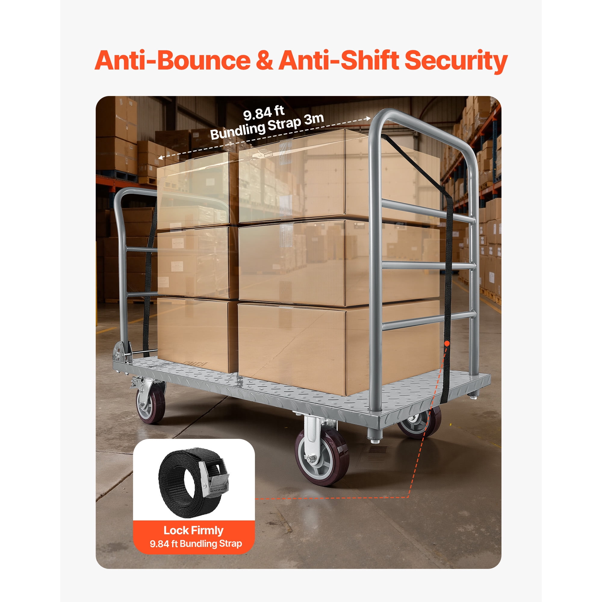 KFFKFF Heavy Duty Platform Truck, 2650 lbs Load Capacity, Flatbed Cart with Removable Guardrail and Swivel Wheels, Foldable Hand Push Cart for Groceries, Garage, Warehouse, 48 x 24 x 36.2 in