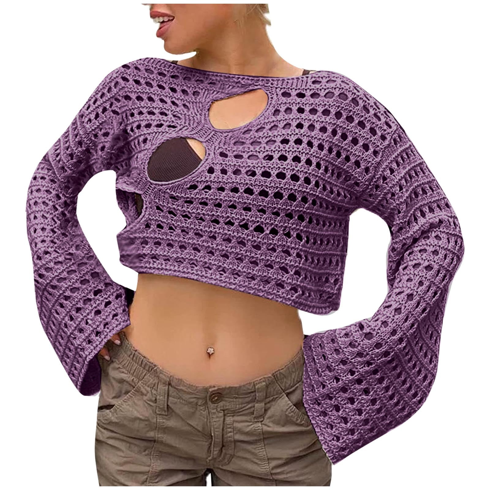 Tuphregyow Women's Sweater Clearance Trendy Solid Loose Mesh Boat Neck Tops Crochet Hollow Out