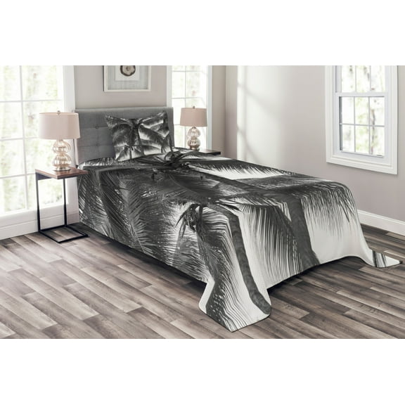 Ambesonne Grey Quilted Bedspread Set 2 Pcs, Coconut Palms Tropical, Twin Size, Black