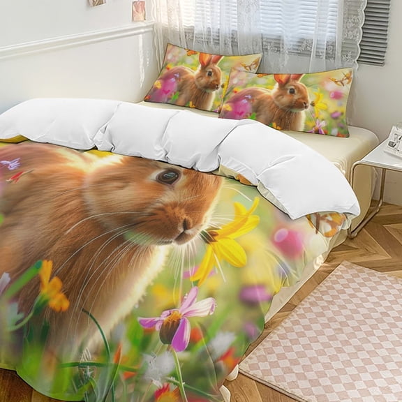 Easter Bunnies Rabbits 3 Pieces Duvet Cover with Zipper Closure,Premium Polyester Lightweight Bedding Set