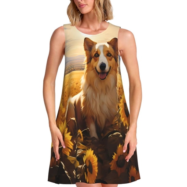 Fotbe Pastoral Sunflower Corgi Vestido de Verano sin Mangas para Mujer – Vestido Midi Línea A, Estilo Camiseta Floral, Vestido Playero Casual y Fluido
