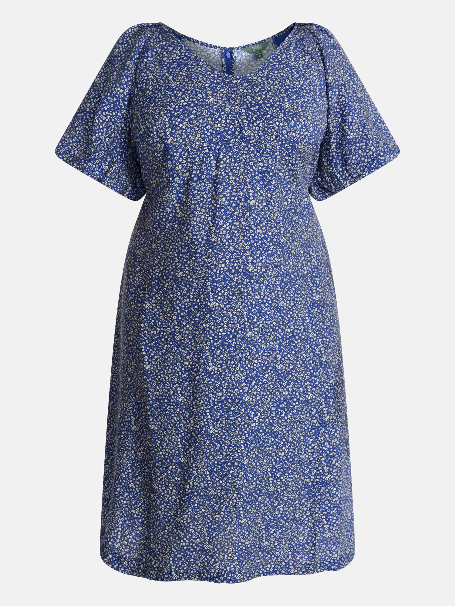 Terra & Sky Women's Plus V Neck Midi Dress with Short Puff Sleeves, Sizes 0X-5X