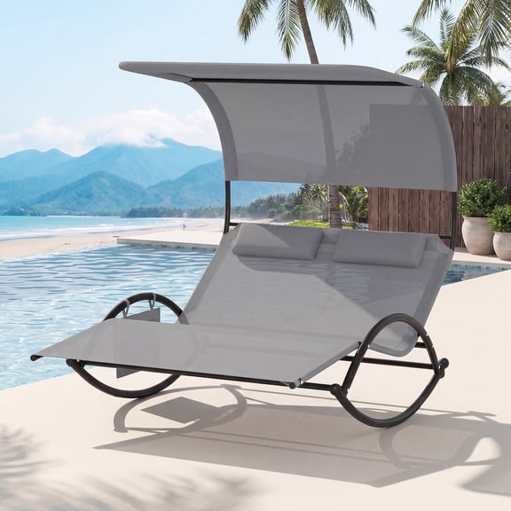 Gymax Outdoor Double Chaise Rocker Rocking Daybed Sun Lounger w/ Canopy Headrest Pillows & Side Pocket