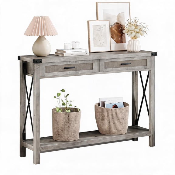 Entryway Console Table with 2 Drawers, 2-Tier Storage Sofa Table with Natural Rattan Legs.
