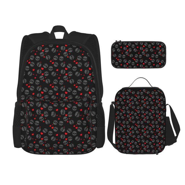 Disketp Love Valentine's skull Mochila Estampada de Gran Capacidad con Lonchera y Estuche, Set de 3 Piezas para Estudiantes