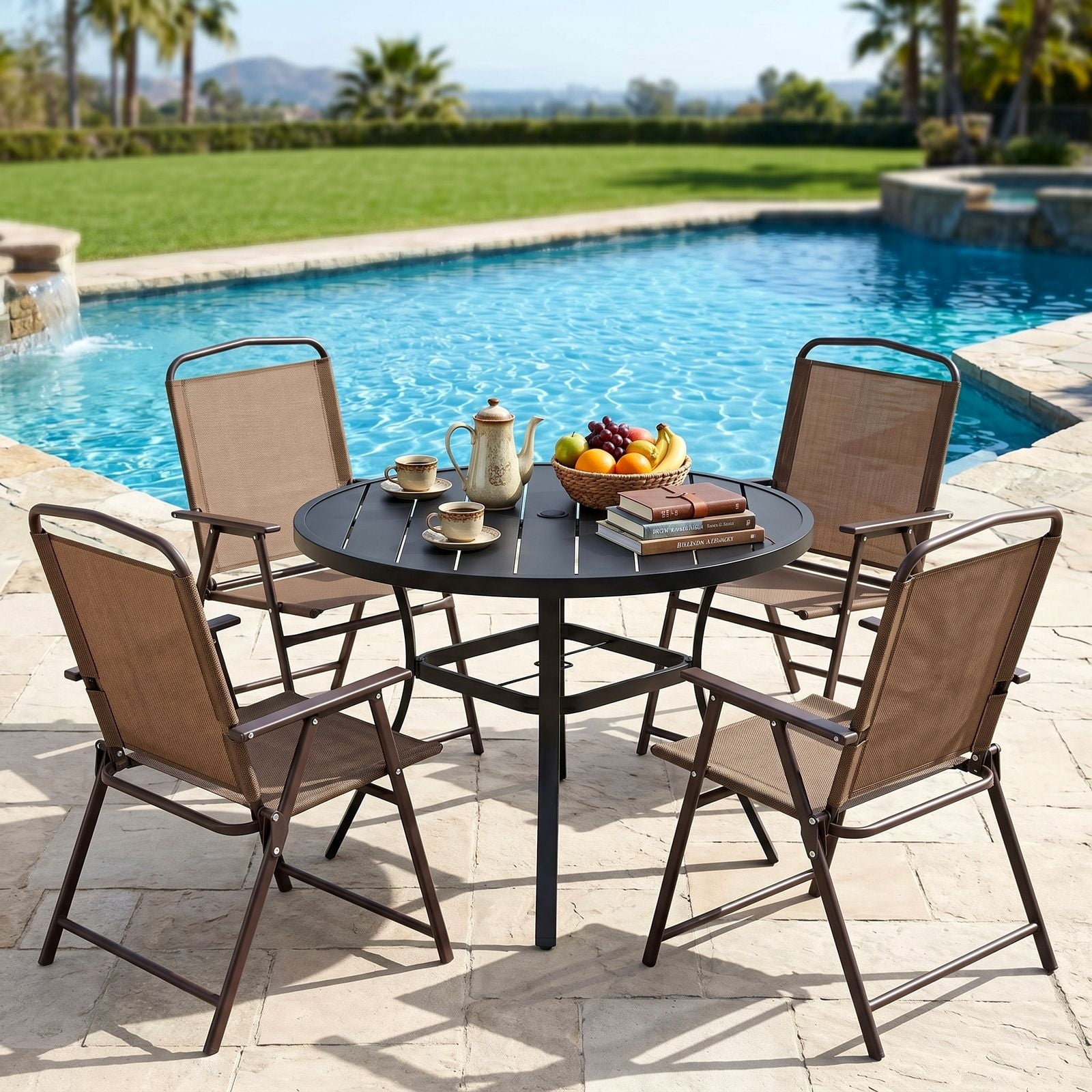TLSUNNY Folding Patio Chair Set of 4, Portable Dining Chairs with Armrest, Outdoor Foldable Chairs, Brown